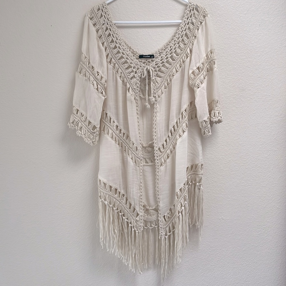 Gee Gee Cream Boho Crochet Fringe Front Tie Cardigan, Size S/M Festival Western